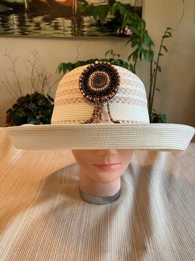 Chic Ivory Hat with Decorative Beaded Motif